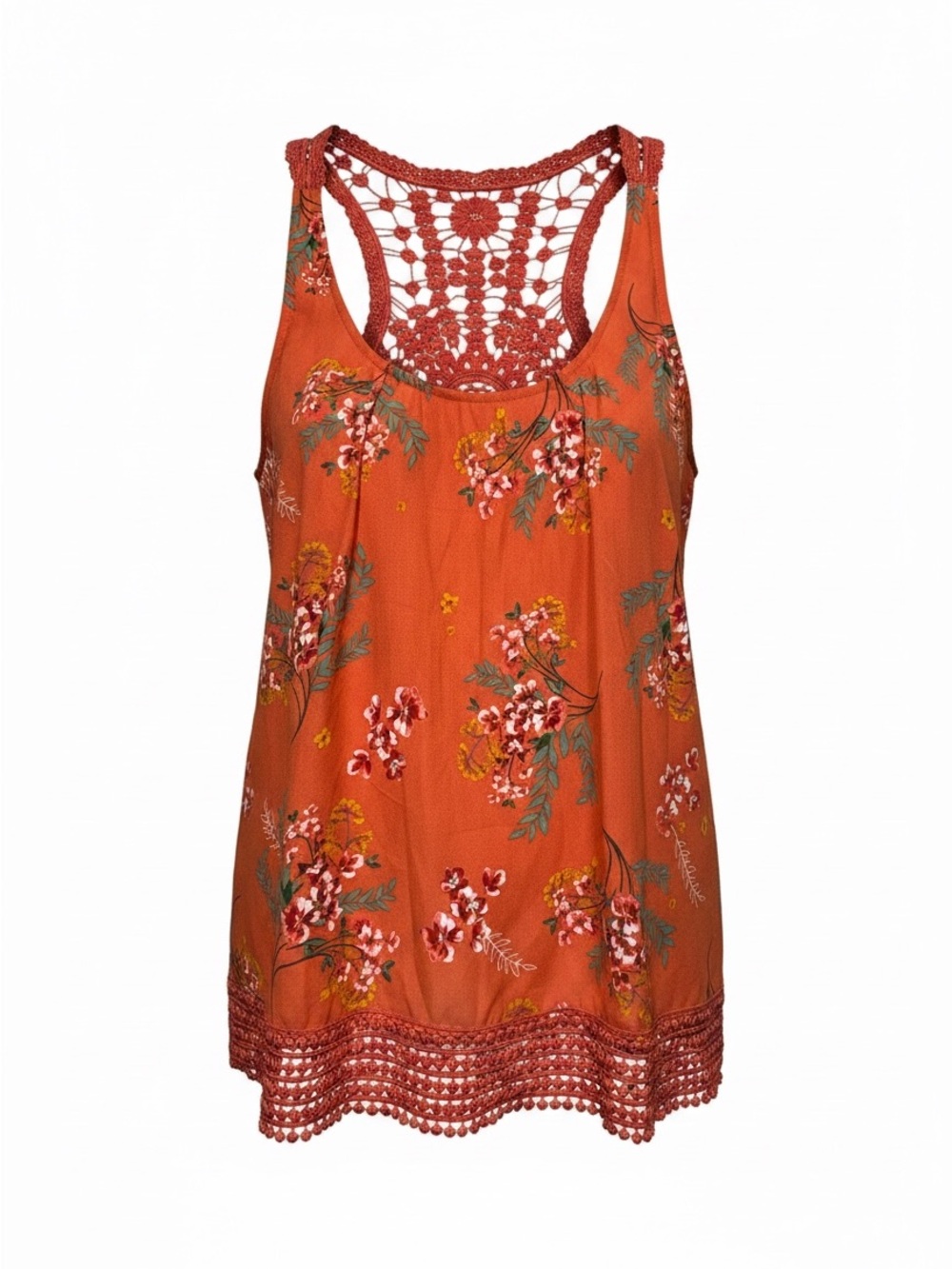 Q&A Boho Crochet Lace Back Floral Tank Top Rust Orange Peasant Blouse XL